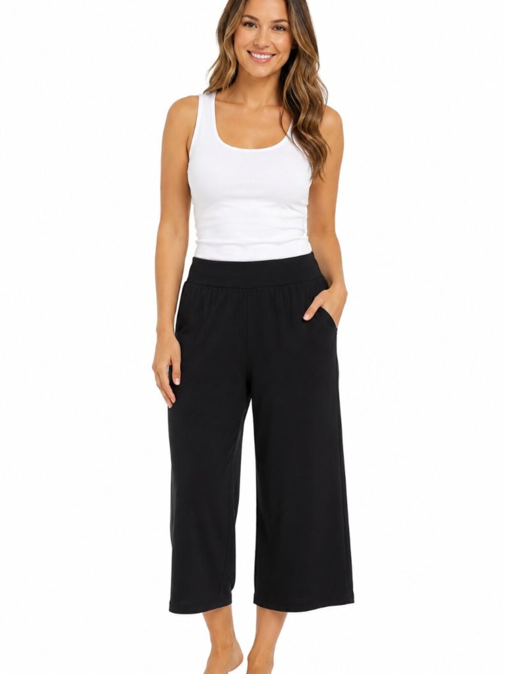 ANY BODY Elastic Waist High Cropped Cotton/Polyester French Terry Black Pants L